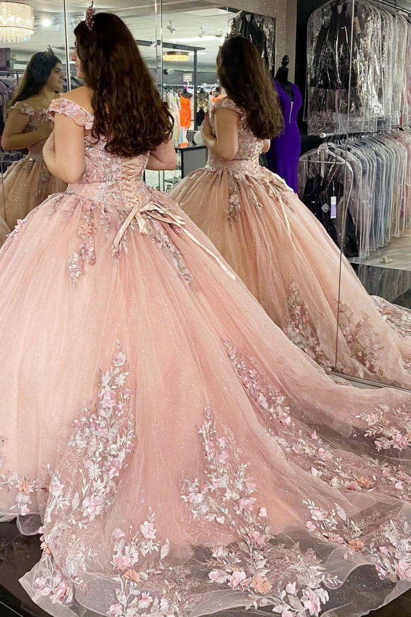 Quinceanera Dresses Glitter 3D Floral Lace Off-the-Shoulder
