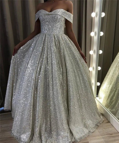 Shiny Sequin A-line Wedding Dresses Off the Shoulder