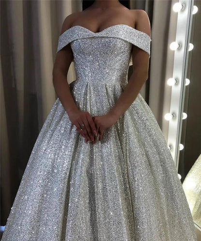 Shiny Sequin A-line Wedding Dresses Off the Shoulder