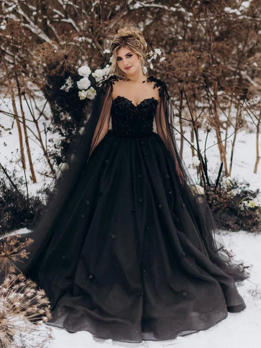 A-line Gothic Wedding Dresses 3D Flowers Tulle with Cape