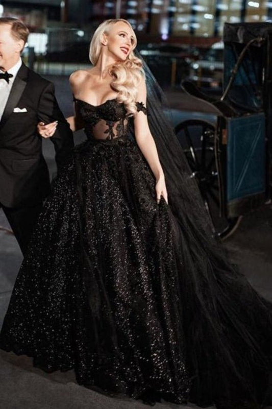 A-line Gothic Wedding Dresses with Sequin Lace Appliques