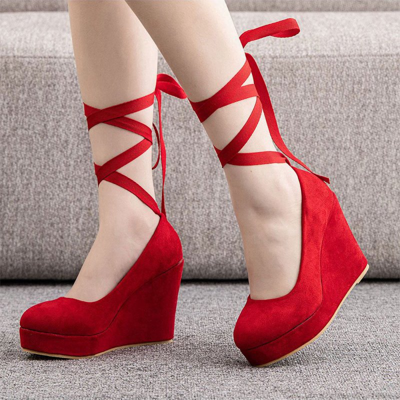 Sweet Round Toe Platform Heels Ankle Strap Wedges Heels