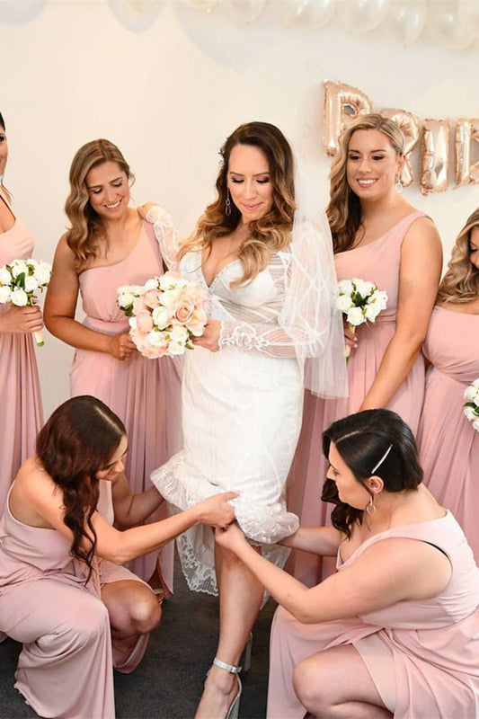One Shoulder Faux-Wrap Satin Long Bridesmaid Dresses