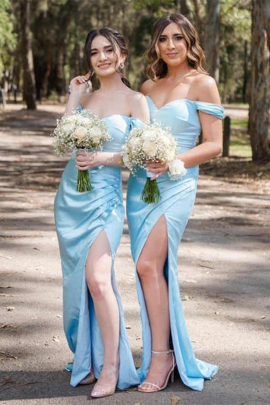 Off-the-Shoulder Pleated Long Bridesmaid Dresses with Slit