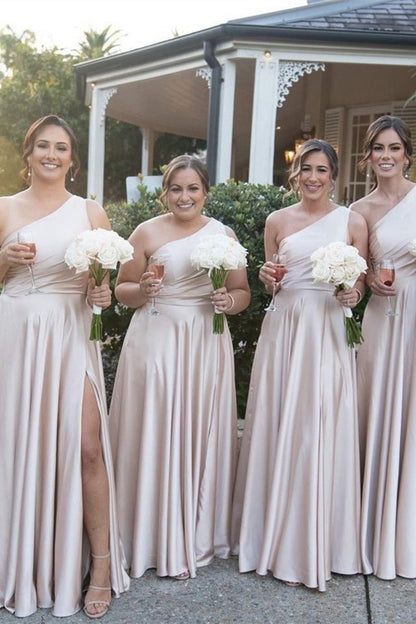 One Shoulder A-line Satin Long Bridesmaid Dresses with Slit