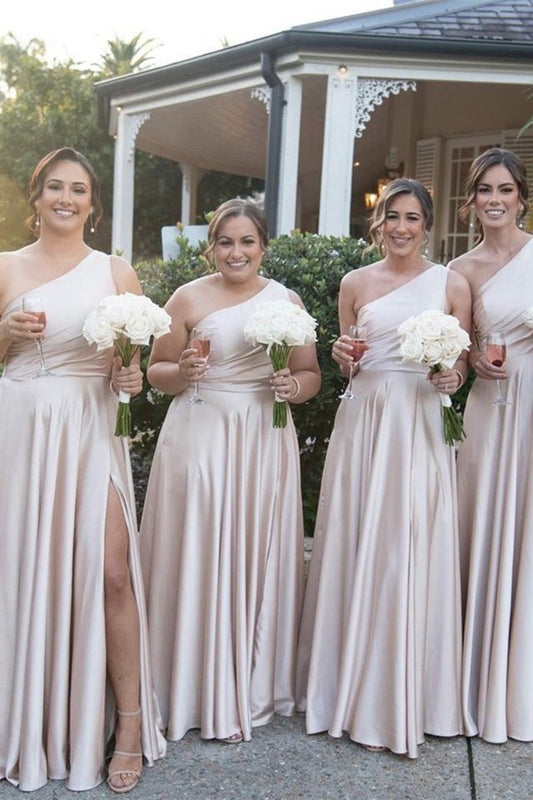 One Shoulder A-line Satin Long Bridesmaid Dresses with Slit