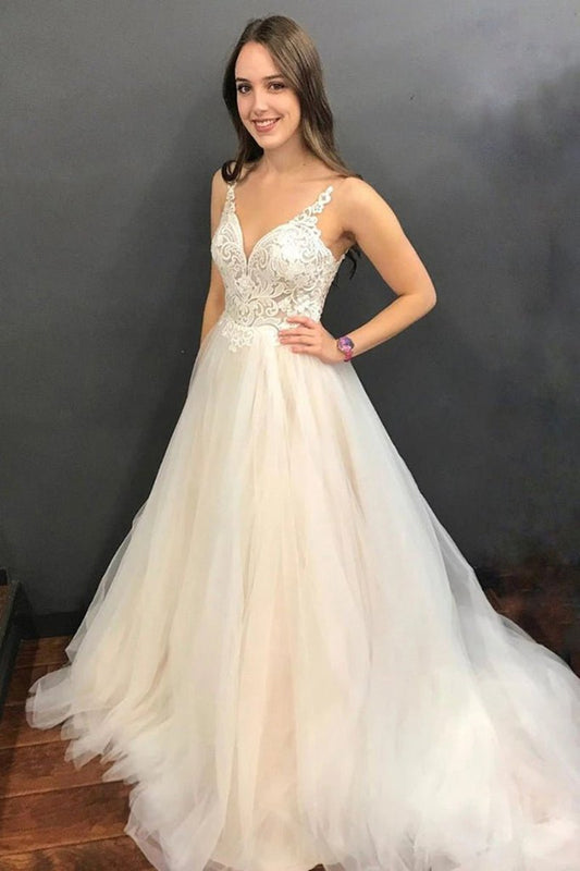 A-line Straps Wedding Dresses Tulle with Applique Sweep Train