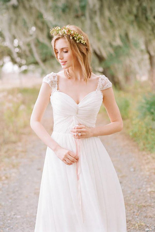 A-line Chiffon Cap Sleeves Wedding Dresses with Appliques