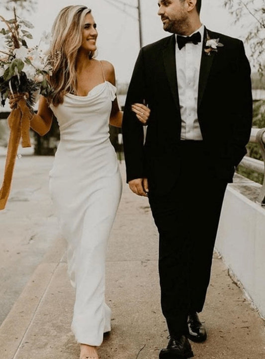 Spaghetti Straps Long Sheath Satin Wedding Dresses