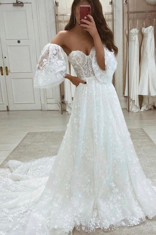 Half Sleeve A-line Lace Appliques Wedding Dresses Sweetheart Wedding Gowns