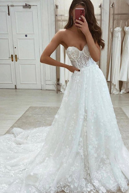 Half Sleeve A-line Lace Appliques Wedding Dresses Sweetheart Wedding Gowns