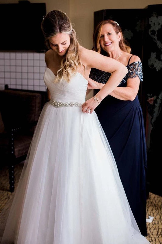 A-line Strapless Sweetheart Wedding Dresses with Rhinestone Sash