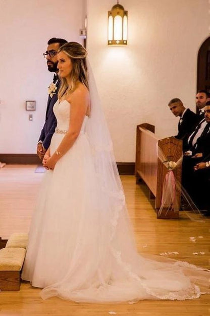 A-line Strapless Sweetheart Wedding Dresses with Rhinestone Sash