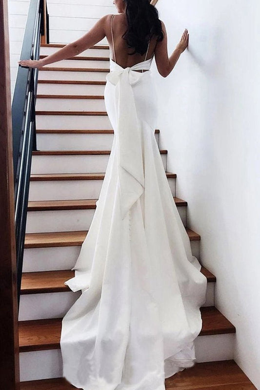 Mermaid Spaghetti Straps Backless V Neck Mermaid Wedding Dresses
