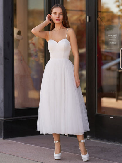 A-line Spaghetti Straps Satin Tulle Tea-Length Wedding Dresses