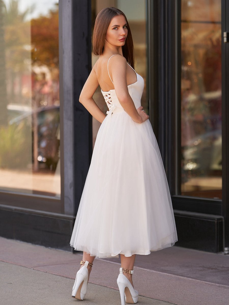 A-line Spaghetti Straps Satin Tulle Tea-Length Wedding Dresses