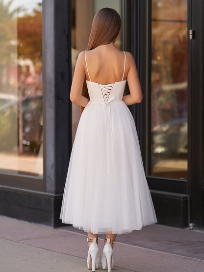 A-line Spaghetti Straps Satin Tulle Tea-Length Wedding Dresses