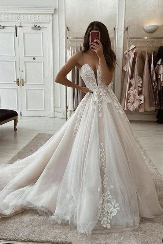 A-line Spaghetti Straps Deep V Neck Lace Appliques Wedding Dresses