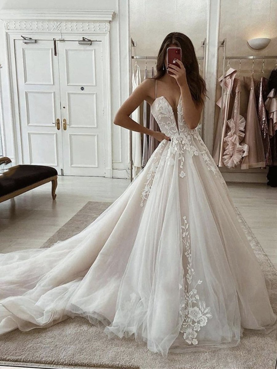 A-line Spaghetti Straps Deep V Neck Lace Appliques Wedding Dresses