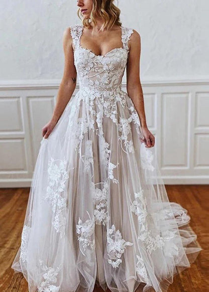 A-line Straps Sweetheart Wedding Dresses with Lace Appliques