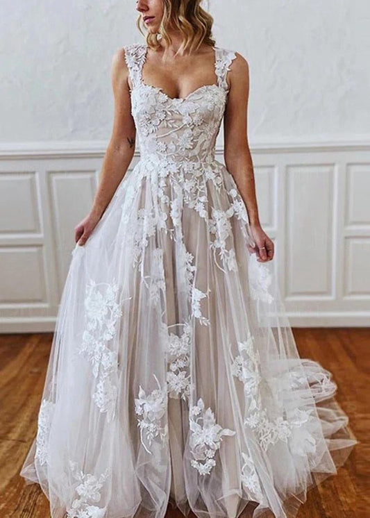 A-line Straps Sweetheart Wedding Dresses with Lace Appliques
