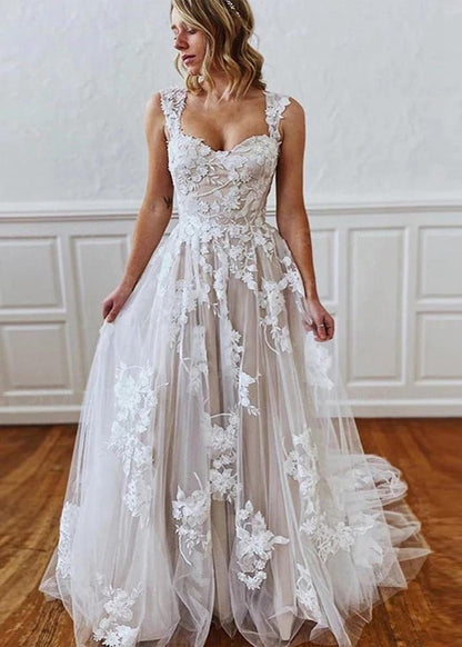 A-line Straps Sweetheart Wedding Dresses with Lace Appliques