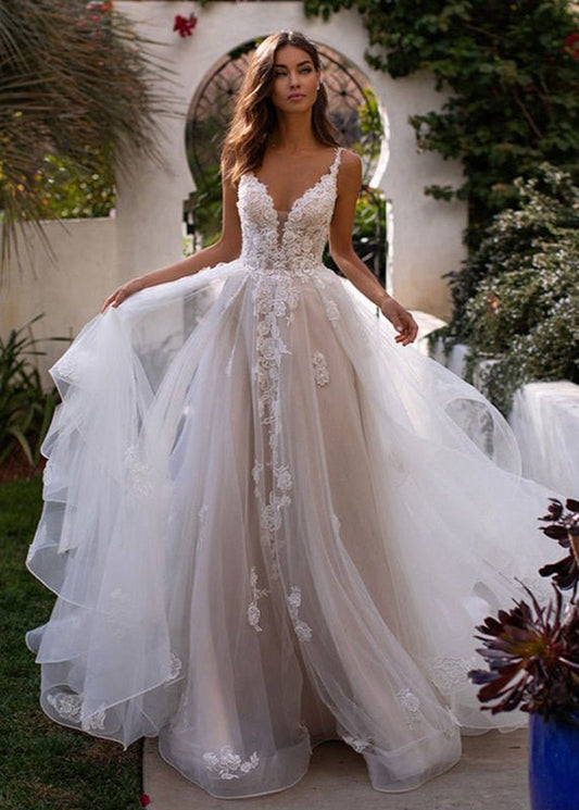 A-line Lace Sweep Train Sleeveless Backless Wedding Dresses