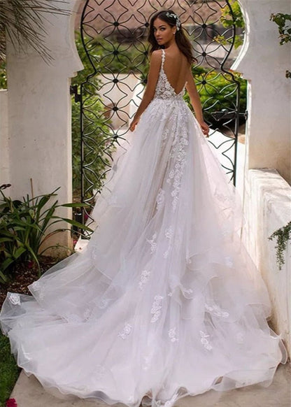 A-line Lace Sweep Train Sleeveless Backless Wedding Dresses