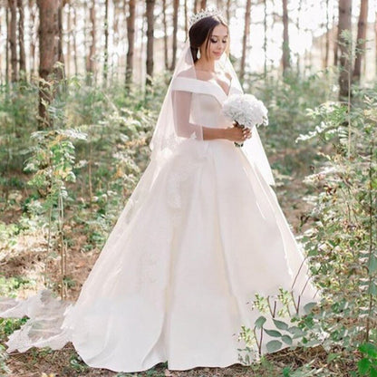 A-line Satin Sweep Train Wedding Dresses with Sleeveless