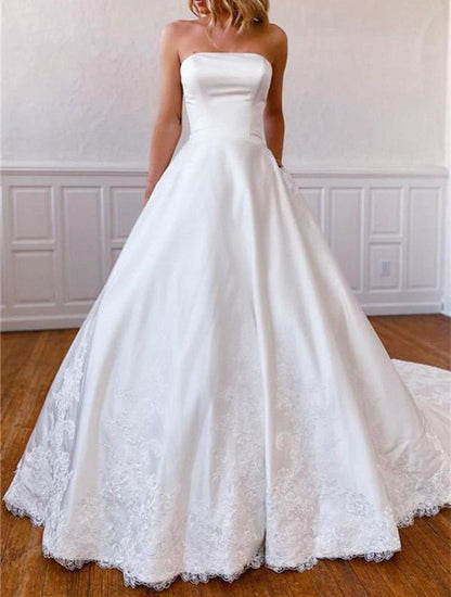 A-line Strapless Satin Sweep Train Lace Appliques Wedding Dresses with Pockets