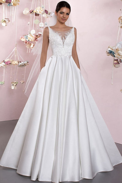 A-line Illusion Neck Sleeveless Floor-Length Satin Wedding Dresses with Pleats