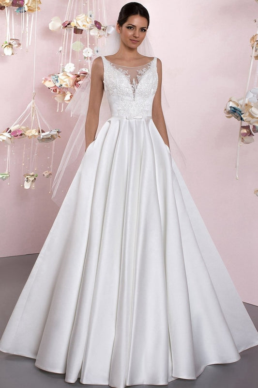 A-line Illusion Neck Sleeveless Floor-Length Satin Wedding Dresses with Pleats