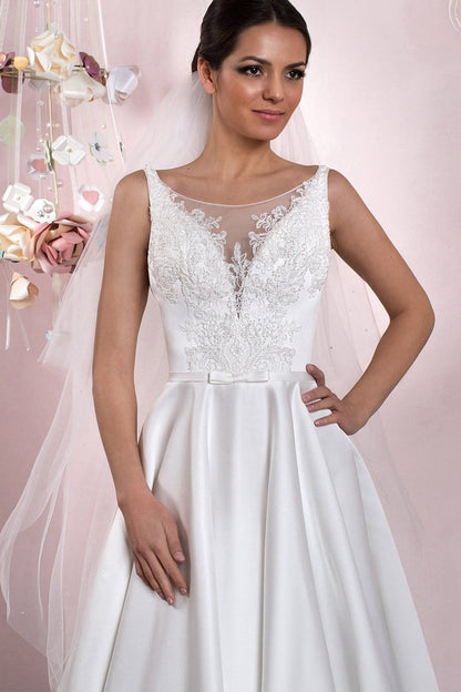 A-line Illusion Neck Sleeveless Floor-Length Satin Wedding Dresses with Pleats