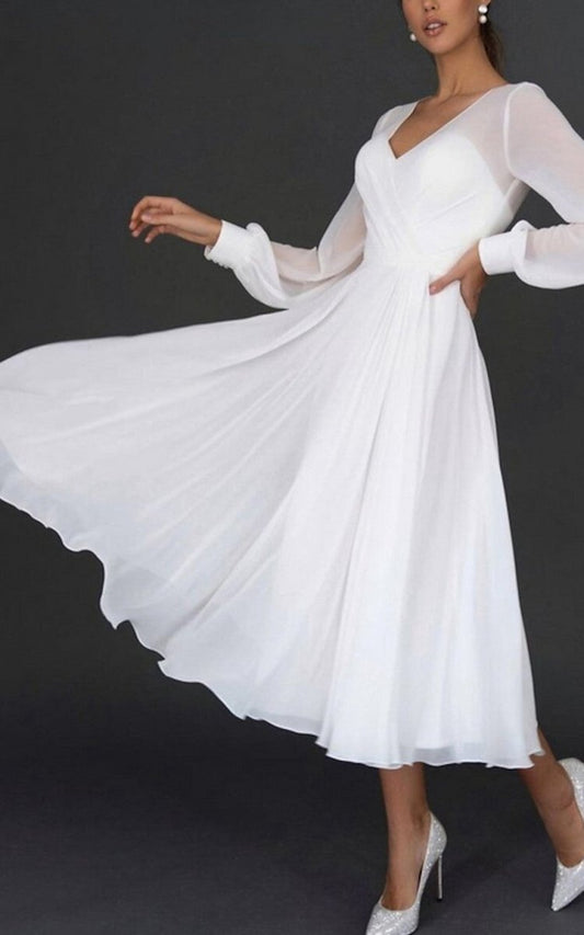A-line V-neck Chiffon Long Sleeves Zipper Wedding Dresses