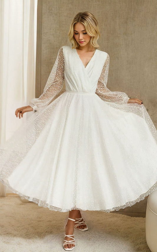 A-line Tulle Tea-Length Long Sleeve Wedding Dresses
