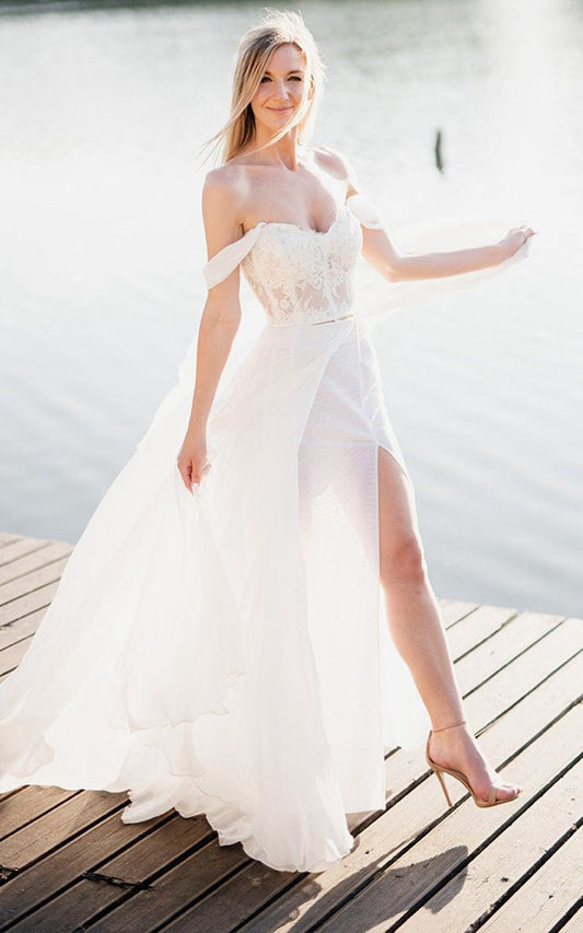 A-line Lace Lace-Up Off-the-Shoulder Wedding Dresses with Slit