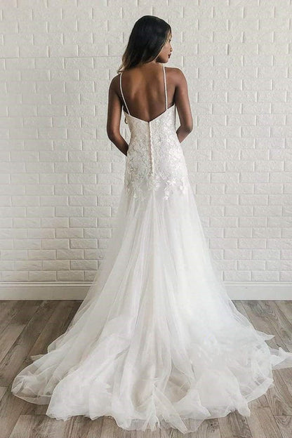 A-line Tulle Spaghetti Straps Wedding Dresses with Appliques