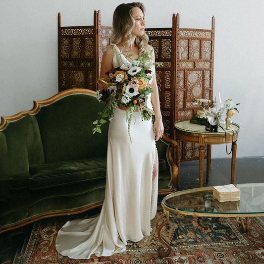 Cowl Neck Sheath Satin Wedding Dresses with Button Slit