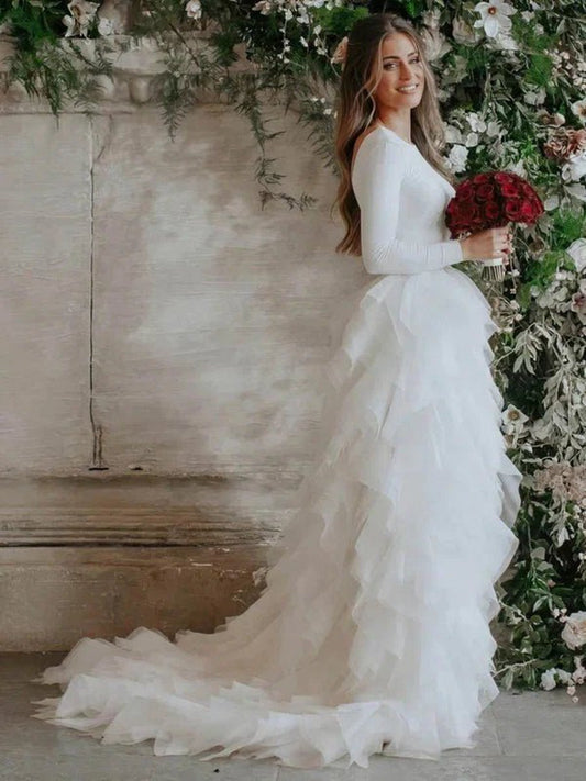 A-line Tulle Ruffles Bateau Long Sleeves Court Train Wedding Dresses