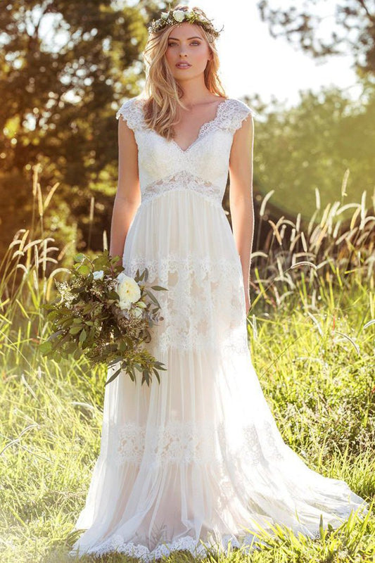 V-Neck Long Cap-Sleeve Appliqued Lace Tulle Wedding Dresses
