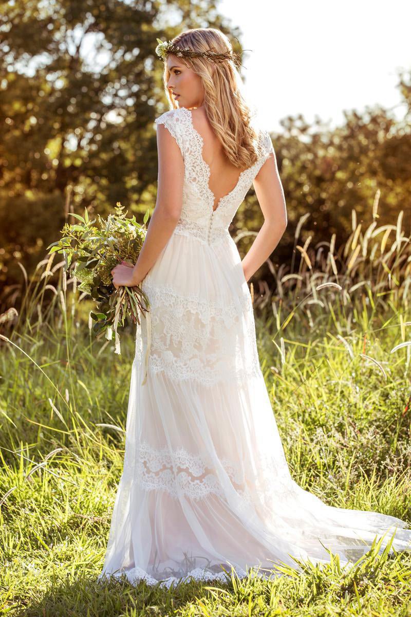 V-Neck Long Cap-Sleeve Appliqued Lace Tulle Wedding Dresses