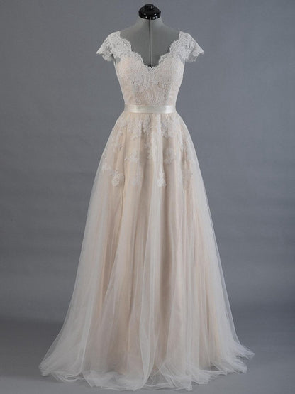 Cap Sleeve V-Neck Lace Tulle Wedding Dresses with Zipper Back