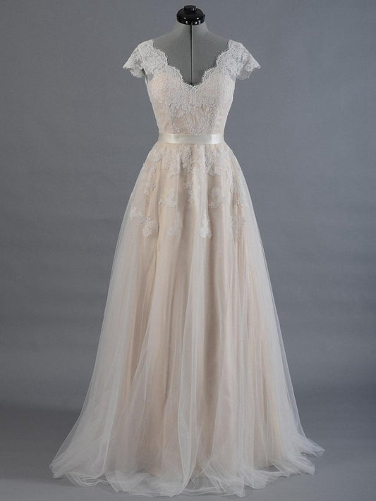 Cap Sleeve V-Neck Lace Tulle Wedding Dresses with Zipper Back