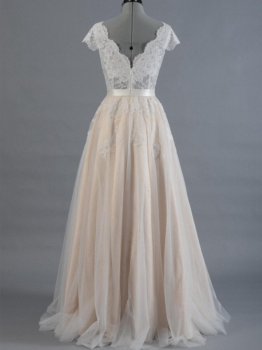 Cap Sleeve V-Neck Lace Tulle Wedding Dresses with Zipper Back