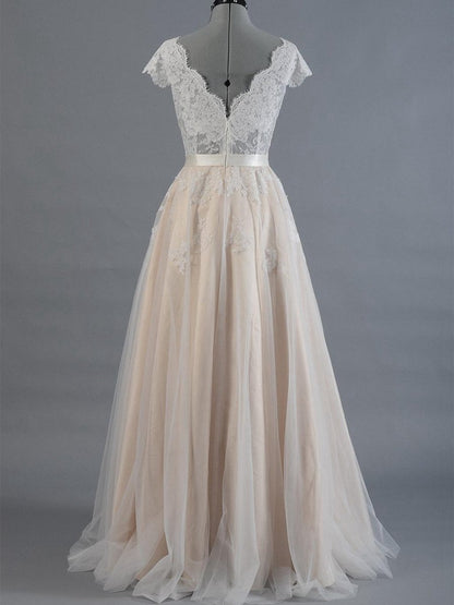 Cap Sleeve V-Neck Lace Tulle Wedding Dresses with Zipper Back