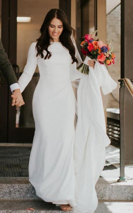 Satin Chapel Train Mermaid Long Sleeve Wedding Dresses