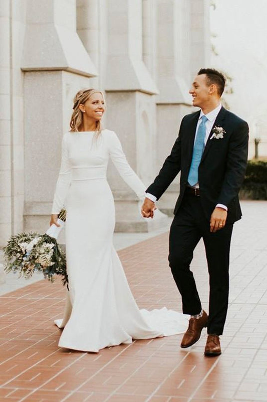 Modest Long Sleeve Satin Wedding Dresses with Sweep Train