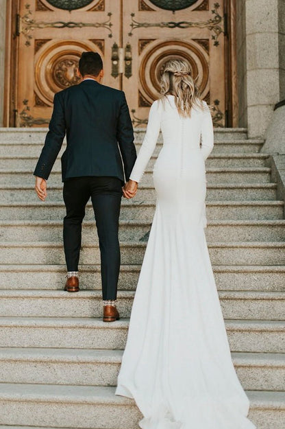Modest Long Sleeve Satin Wedding Dresses with Sweep Train