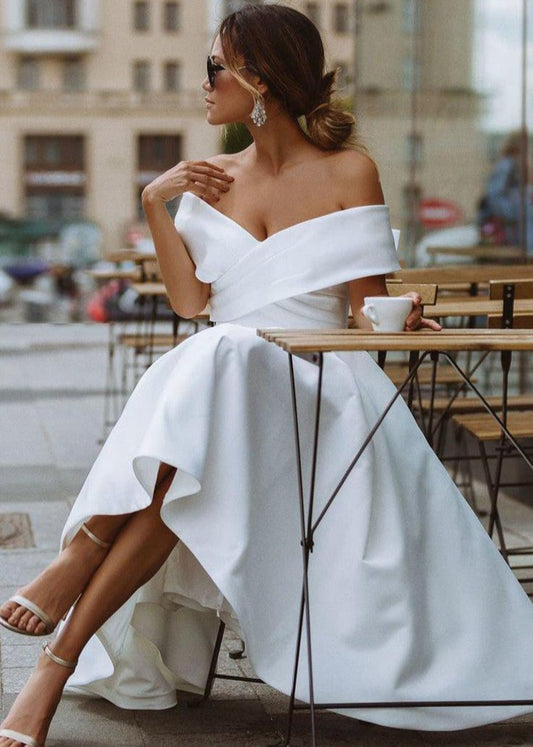 A-line Satin Tea Length Off the Shoulder Wedding Dresses
