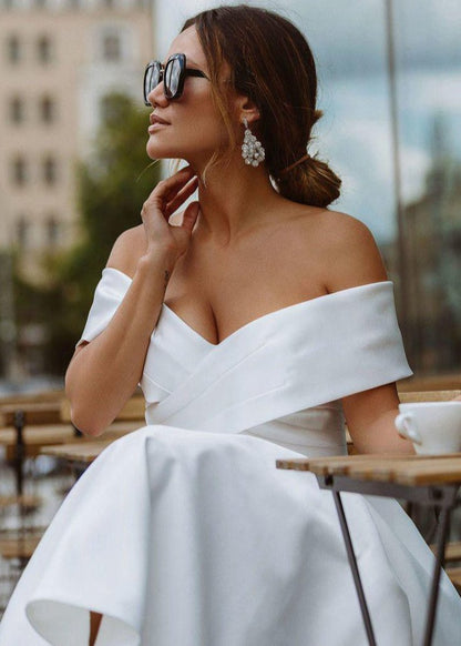 A-line Satin Tea Length Off the Shoulder Wedding Dresses
